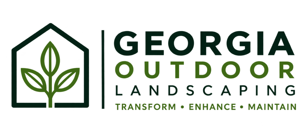 Georgia Outdoor Landscaping logo: a green leaf sprout inside a house outline with the company name and the Transform • Enhance • Maintain slogan.