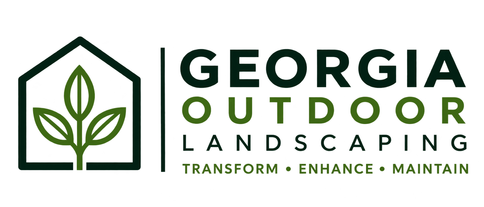 Georgia Outdoor Landscaping logo: a green leaf sprout inside a house outline with the company name and the Transform • Enhance • Maintain slogan.