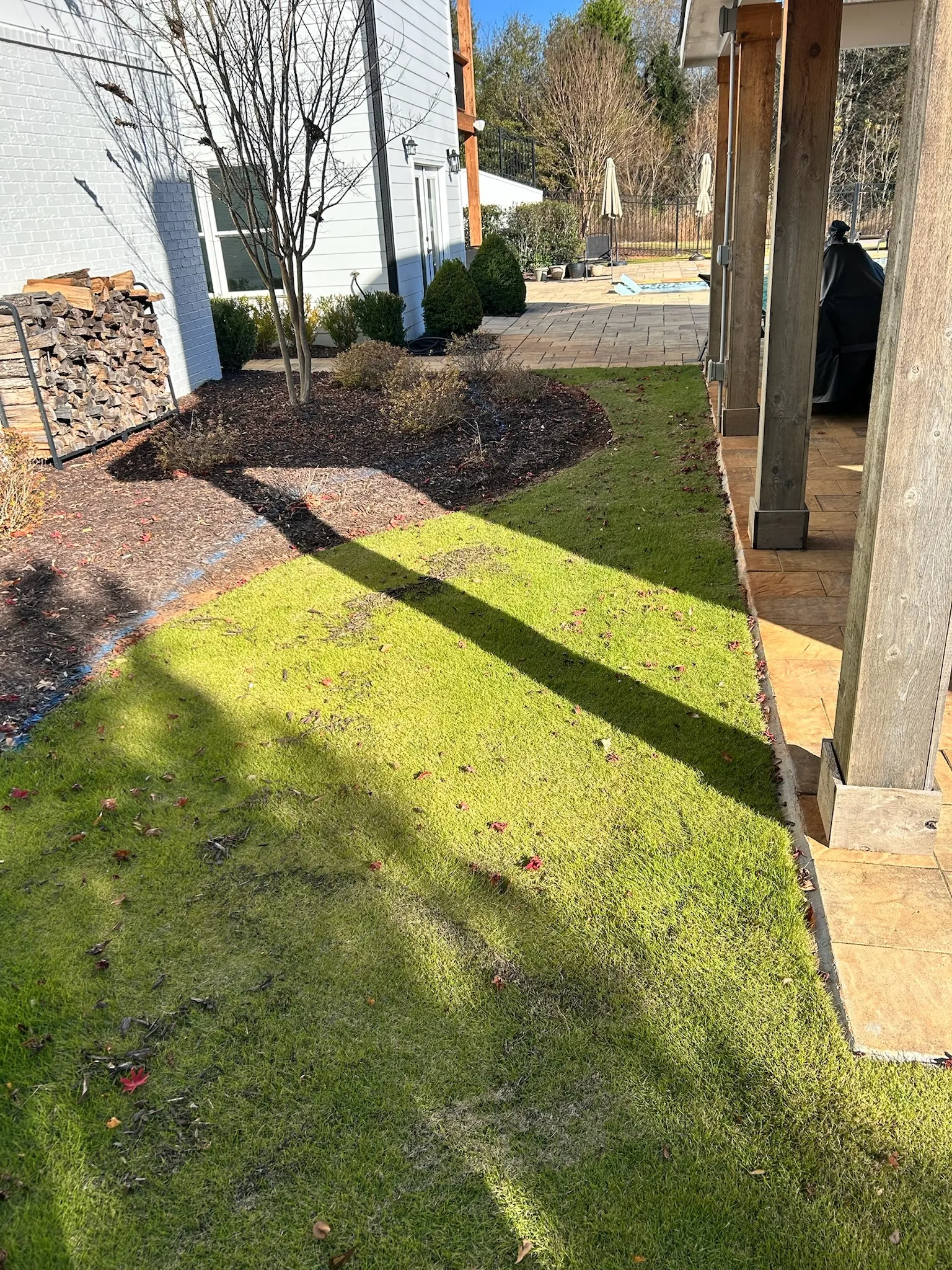 Backyard with a curved mulch bed, a leafless tree, stacked firewood by a white house, and a paved patio with chairs and closed umbrellas on a sunny day.